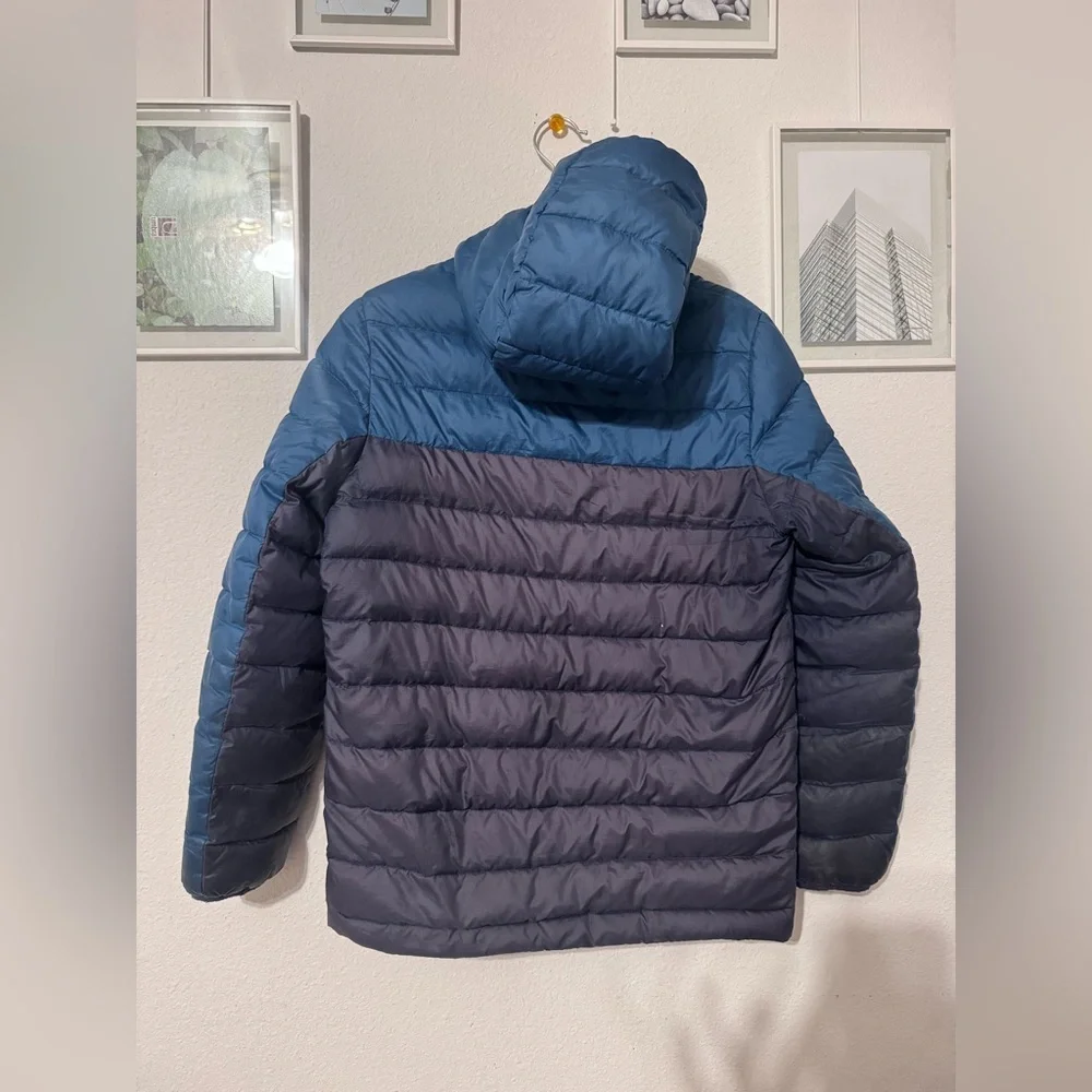 Patagonia Blue and Brown Puffer Jacket with Geometric Design
